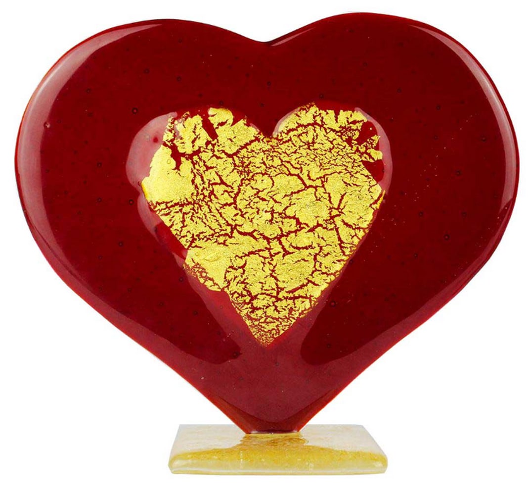 Heart of Love – Red Glass with 24k Gold – Murano Art: Heart of Love – Red Glass with 24k Gold – Murano Art This exclusive glass artwork is handcrafted using the fused Venetian glass technique, featuring a heart with a smaller heart adorned with real 
