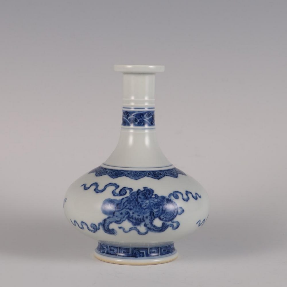 Inspired by the Qing Dynasty Yongzheng Period: Blue & White Mustard Bottle with "Lion Playing Ball": Inspired by the Qing Dynasty Yongzheng Period: Blue & White Mustard Bottle with “Lion Playing Ball” A charming blue and white porcelain mustard bottle inspired from the Yongzheng period (1