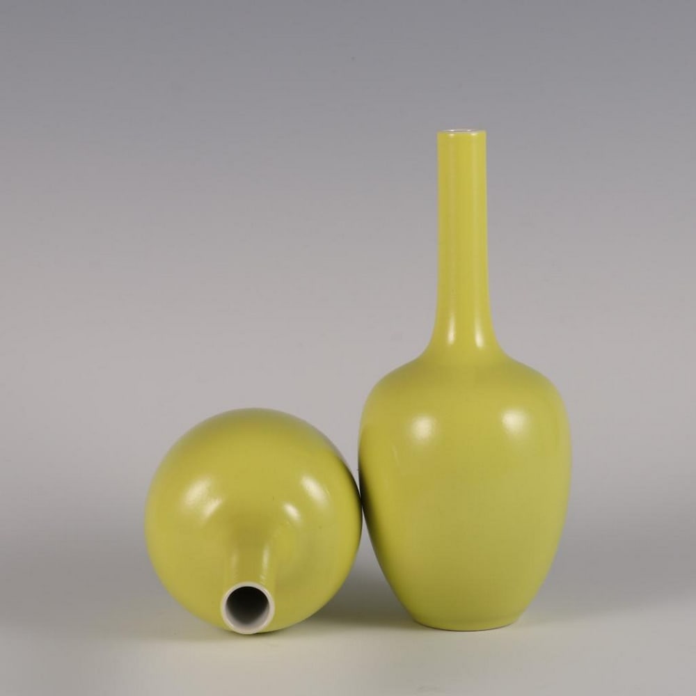 Pair of Qing Dynasty Yongzheng-Inspired Lemon Yellow Glazed Gallipot Bottles (1 of 8)