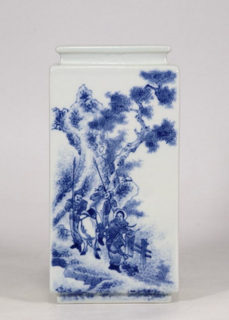 Blue and White Character Story Square Vase Inspired by Wang Bu: Blue and White Character Story Square Vase Inspired by Wang Bu A beautifully painted blue and white square-form vase (Quartet bottle) inspired by the Republic of China period, attributed to the celebr