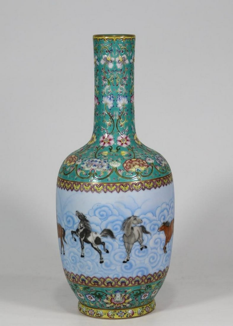 Inspired Turquoise Ground Long-Necked Vase with Eight Horses and Floral Motif (1 of 9)