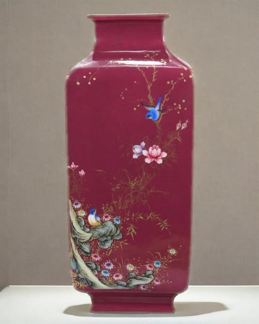 Inspired Enamel Rouge-Ground Square Vase with Gilded Floral and Bird Motif: Inspired Enamel Rouge-Ground Square Vase with Gilded Floral and Bird Motif An exquisite square-form vase inspired from the Qianlong period (1736–1795) of the Qing Dynasty, showcasing masterful craft