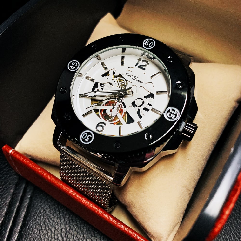 Mens L.A. Banus Blackjack King Deep White Dial Stainless Steel Band Watch: Mens L.A. Banus Blackjack King Deep White Dial Stainless Steel Shark Mesh Band. A Clever Design In Men's Skeleton Genre Watches Demonstrating & Displaying Visable German Engineering Through