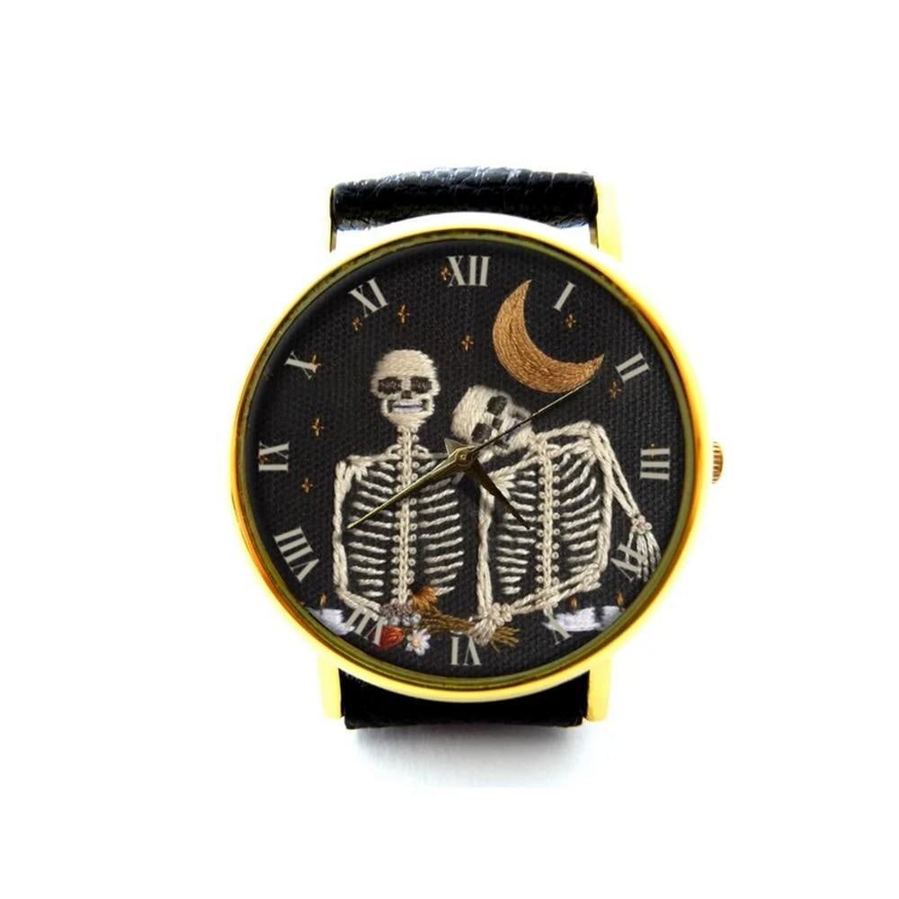 Unique Skeleton Moon Watch Skeletons Under Crescent Moon Dial with Gold Bezel & Black Leather Band (1 of 2)