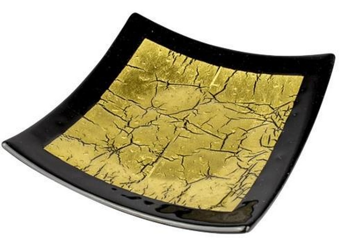 Black & Gold Fused Murano Glass Plate with 24kt Gold Leaf: Black & Gold Fused Murano Glass Plate with 24kt Gold Leaf This striking black Murano glass plate is crafted using the ancient technique of glass fusing and features a radiant 24kt gold leaf center