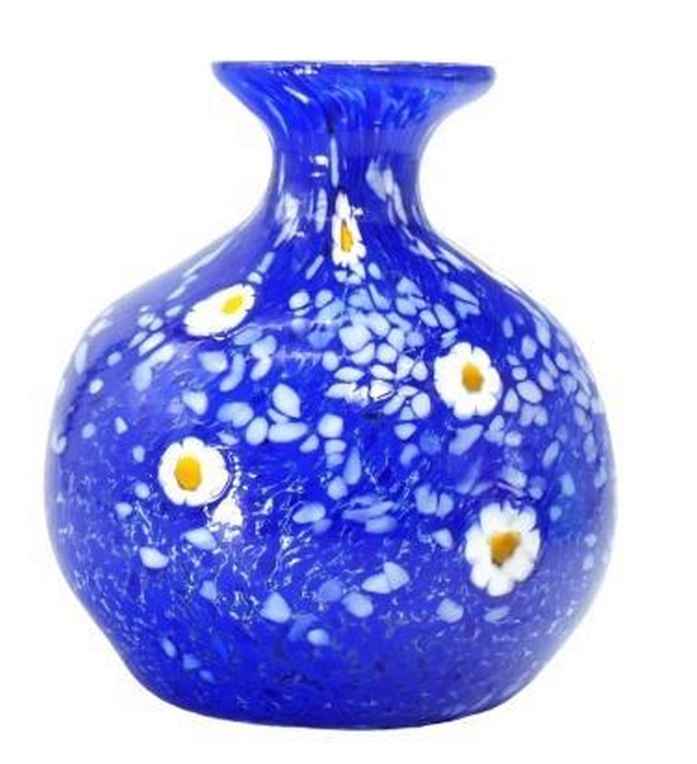 Blue Daisy Murrine Murano Glass Vase: Blue Daisy Murrine Murano Glass Vase Delicate and enchanting, this handcrafted blue Murano glass vase is adorned with intricate murrine featuring tiny daisy motifs, each petal captured in timeless Ven