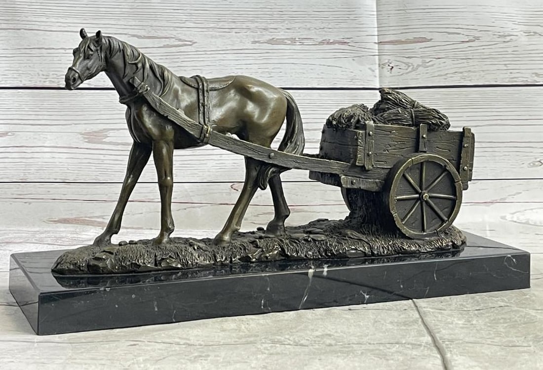 Signed Original Workhorse With Carriage Bronze Sculpture On Marble Base - 8" x 15": Signed Original Workhorse With Carriage Bronze Sculpture On Marble Base - 8" x 15" This is a beautiful real bronze horse cart sculpture. Polished in Antique look, this is a modern day bronze f