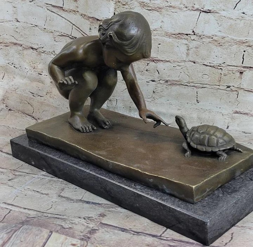 Little Girl Playing with Turtle Original Bronze Statue - 8.5" 14": Little Girl Playing with Turtle Original Bronze Statue - 8.5" x 14" Immerse yourself in the enchanting world of Art Deco with this exquisite bronze sculpture by renowned artist Aldo Vitaleh. C