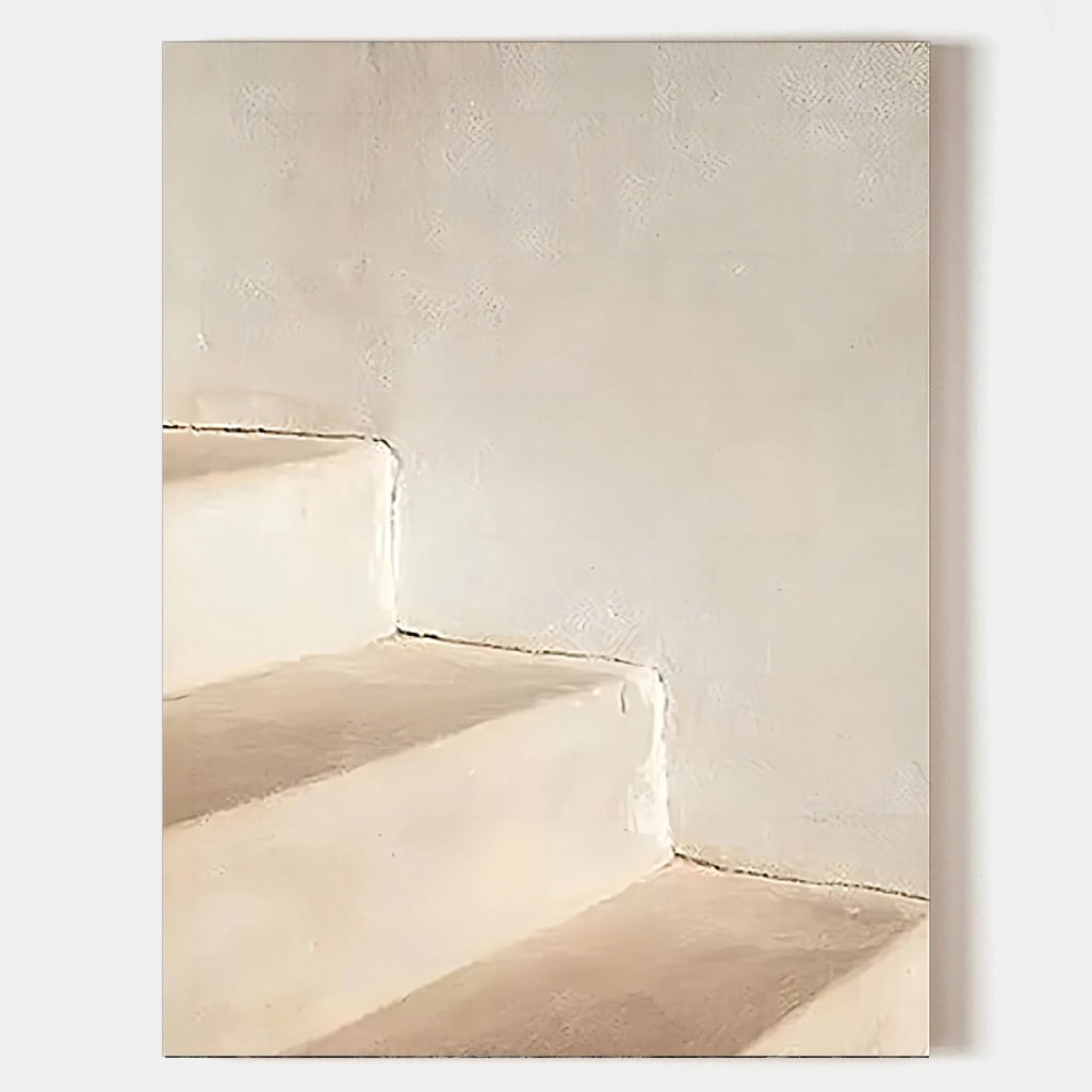 3D Abstract Beige Stair Wasabi-Sabi Inspired Canvas Painting: 3D Abstract Beige Stair Wasabi-Sabi Inspired Canvas PaintingThis 3D abstract canvas painting features beige stair-like forms inspired by Wabi-Sabi aesthetics. Its minimalist design and textured detail