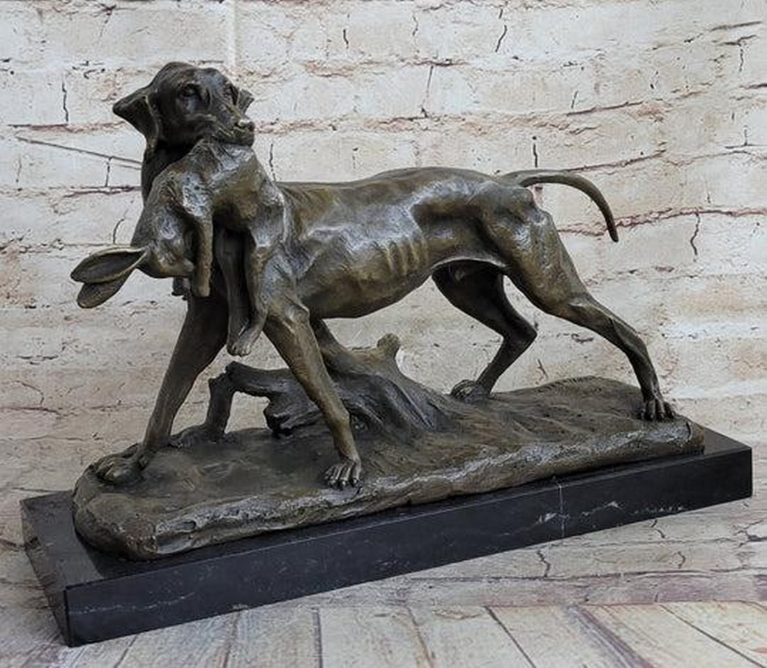 Hunting Dog Carrying Rabbit Inspired Bronze Statue - 10" x 15": Hunting Dog Carrying Rabbit Inspired Bronze Statue - 10" x 15" Step into the serene world of the hunt with this captivating bronze sculpture featuring a hunting dog in the mist of an early mor
