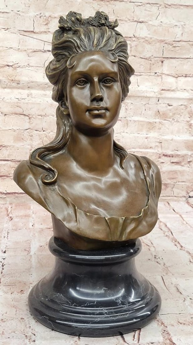 Timeless Original Bronze Woman Portrait Sculpture - 17.5" x 8": Timeless Original Bronze Woman Portrait Sculpture - 17.5" x 8" This exquisite bronze bust of Marie Antoinette radiates the regal grace and fine detailing that celebrate the legacy of the iconi
