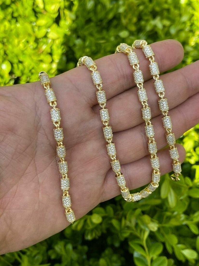 22" 14k Gold & 925 Solid Silver Iced Out Barrel Chain 4mm Width: 22" 14k Gold & 925 Solid Silver Iced Out Barrel Chain 4mm Width Mens or Ladies 4mm Wide Gold and Silver Barrel Chain 18&#
