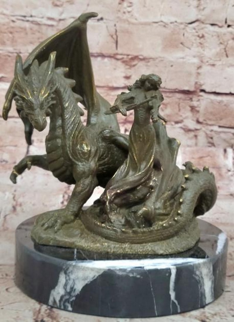 Guardian's Melody: Bronze Dragon Fantasy Sculpture: Guardian's Melody: Bronze Dragon Fantasy Sculpture This captivating bronze sculpture weaves a fantastical tale of protection and artistry. A majestic dragon coils its powerful tail around a graceful w