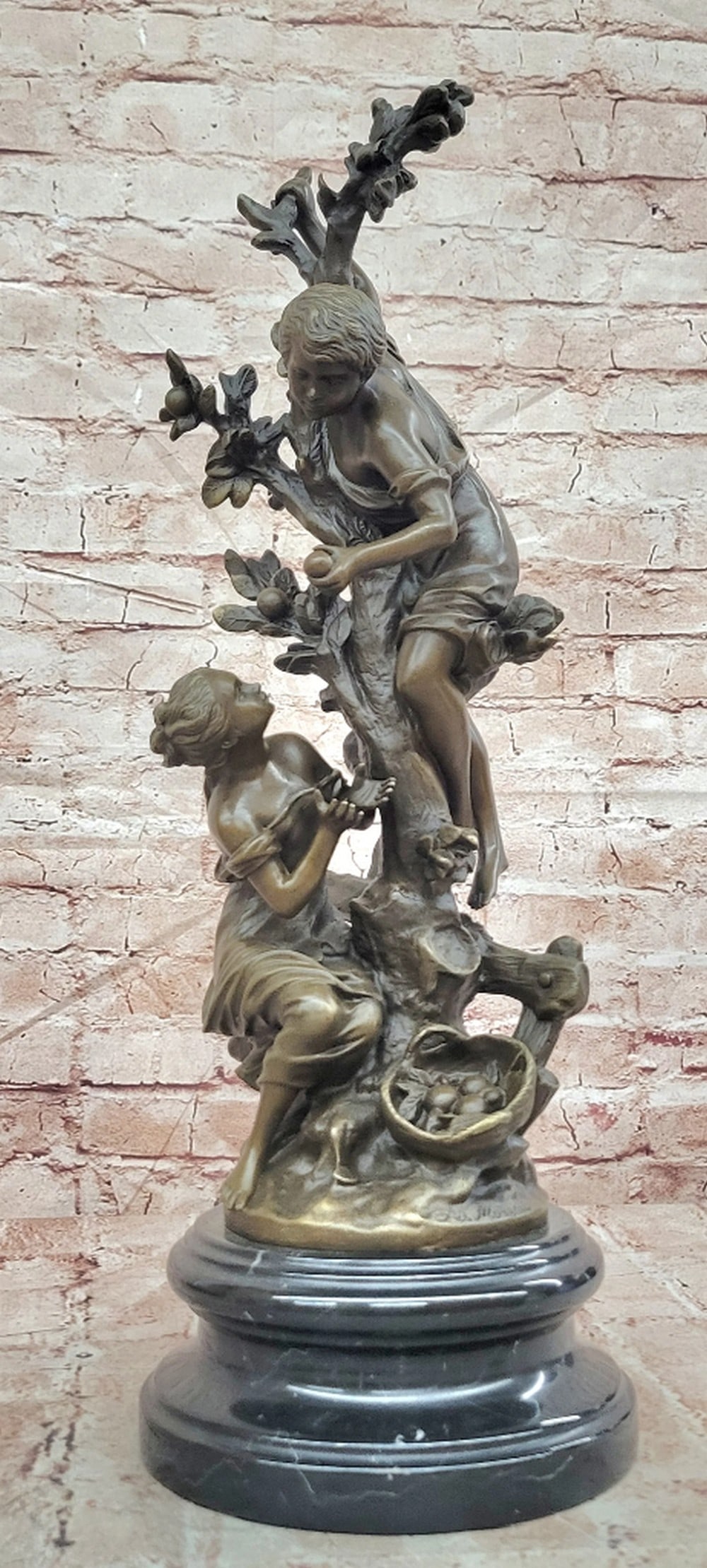 Children Gathering Fruit from Orchard Bronze Sculpture: Children Gathering Fruit from Orchard Bronze Sculpture Custom Made Bronze Sculpture Featuring A Heartwarming Scene Of Children Gathering Fruit From An Orchard, Symbolizing Innocence, Cooperation, And 