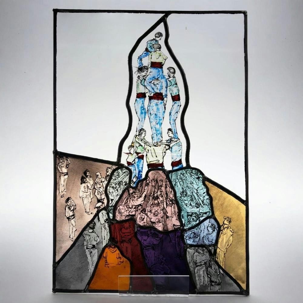 'Castellers'' Glass Painting by Laura Kriefman: ''Castellers'' Glass Painting by Laura Kriefman This glass painting depicts the traditional Castellers of Barcelona, Spain, rendered through a structured composition on glass. The artwork emphasizes v