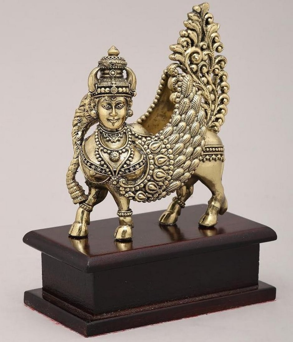 5'' Goddess Kamdhenu on Wooden Base Brass Sculpture (1 of 4)