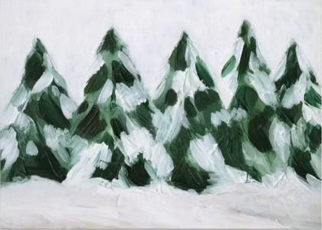 Serene Winter Woods Canvas Print: Serene Winter Woods Canvas Print An artwork showing snow-covered pine trees against a pale sky, capturing the quiet beauty of a winter forest. The scene conveys a peaceful, serene atmosphere. The work