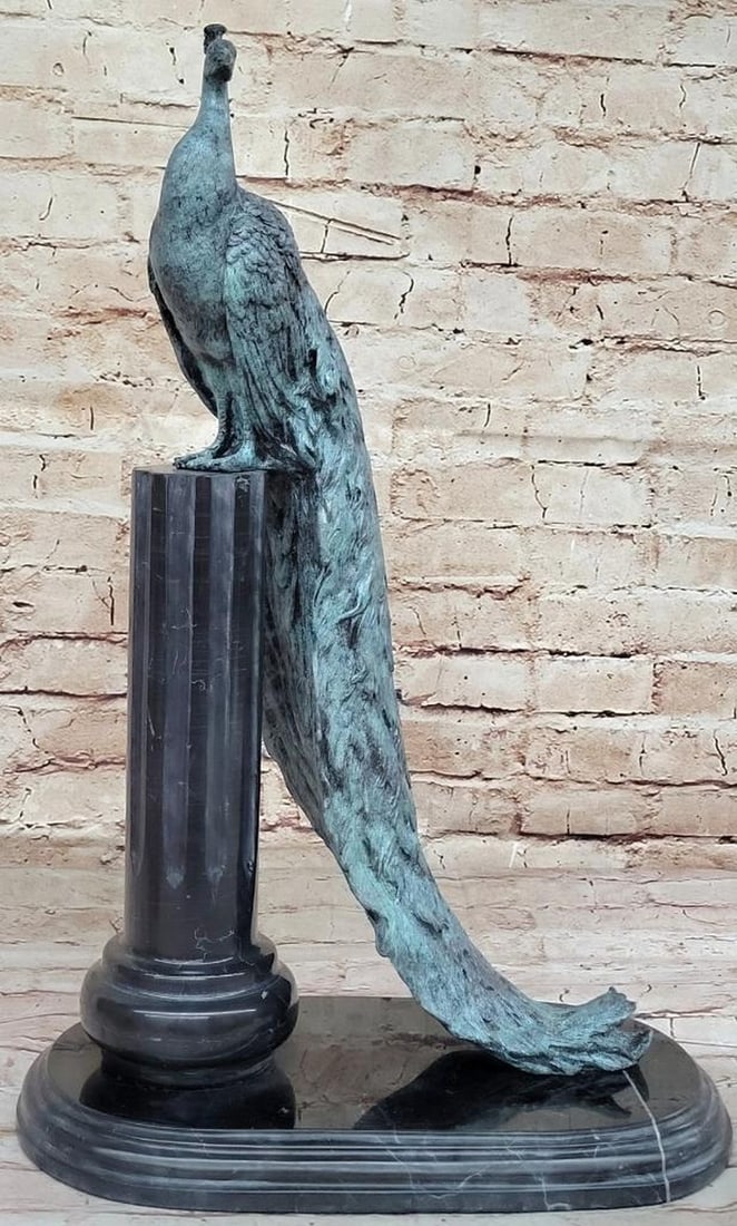 Milo Bronze Peacock Original Bronze Statue - 20'' x 13'': Milo Bronze Peacock Original Bronze Statue - 20" x 13" A finely cast bronze sculpture depicting a peacock perched atop a marble base. The figure showcases detailed feather work and a rich