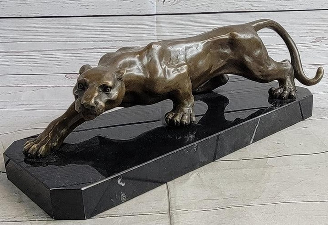 Handcrafted Bronze Beauty Barye's Signed Cougar Mountain Lion Sculpture on Marble Base - 5'' x 15'': Handcrafted Bronze Beauty Baryes Signed Cougar Mountain Lion Sculpture on Marble Base - 5" x 15" Crafted with unparalleled skill and artistry, this exceptional bronze sculpture authentically