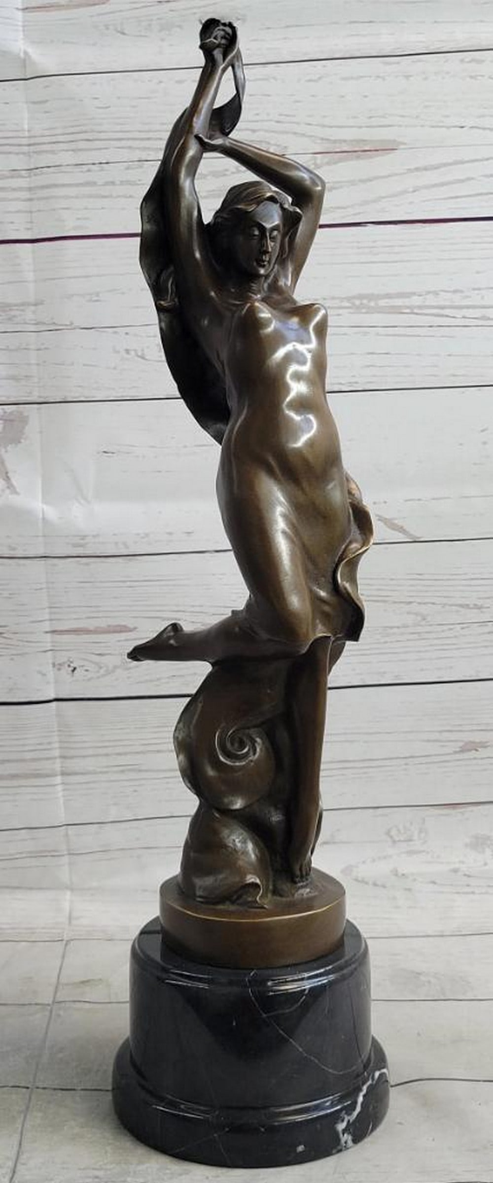 Art Nouveau Female Figure Reaching Upwards Bronze Sculpture on Marble Base - 21'' x 5'': Art Nouveau Female Figure Reaching Upwards Bronze Sculpture on Marble Base - 21" x 5" This bronze sculpture captures a female figure reaching upwards in the elegant, flowing style of Art Nouveau