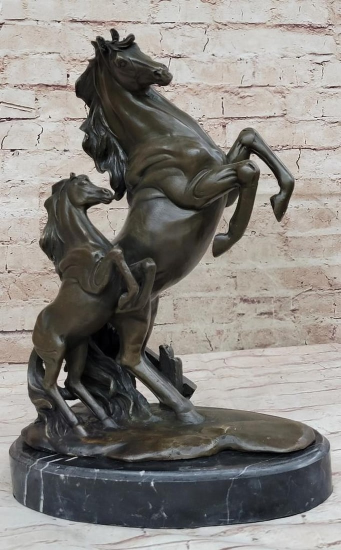Adult and Baby Rearing Horses Bronze Sculpture by P.J. Mene - 14'' x 10.5'': Adult and Baby Rearing Horses Bronze Sculpture by P.J. Mene - 14" x 10.5" This striking bronze sculpture captures the dynamic energy of an adult horse and a young pony, both rearing in a powerfu