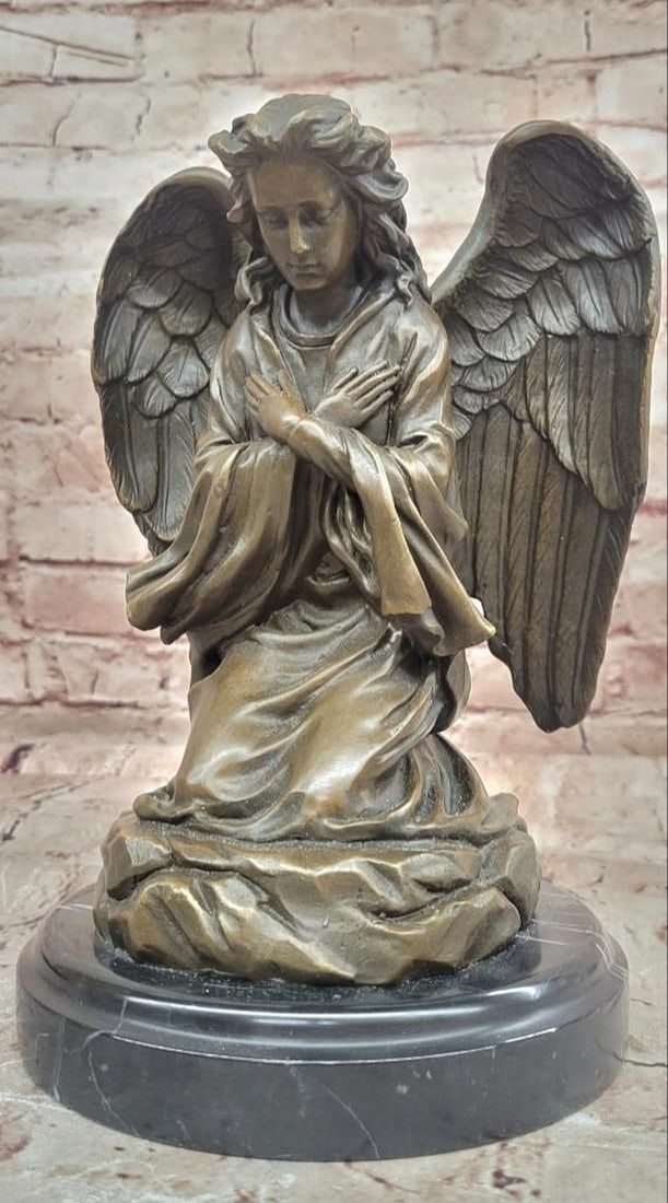 Praying Mourning Angel Bronze Sculpture by Milo - 9.5'' x 6'': Praying Mourning Angel Bronze Sculpture by Milo - 9.5" x 6" Art Nouveau style bronze sculpture depicting a praying mourning angel with bowed head and folded hands. The figure is modeled with flo