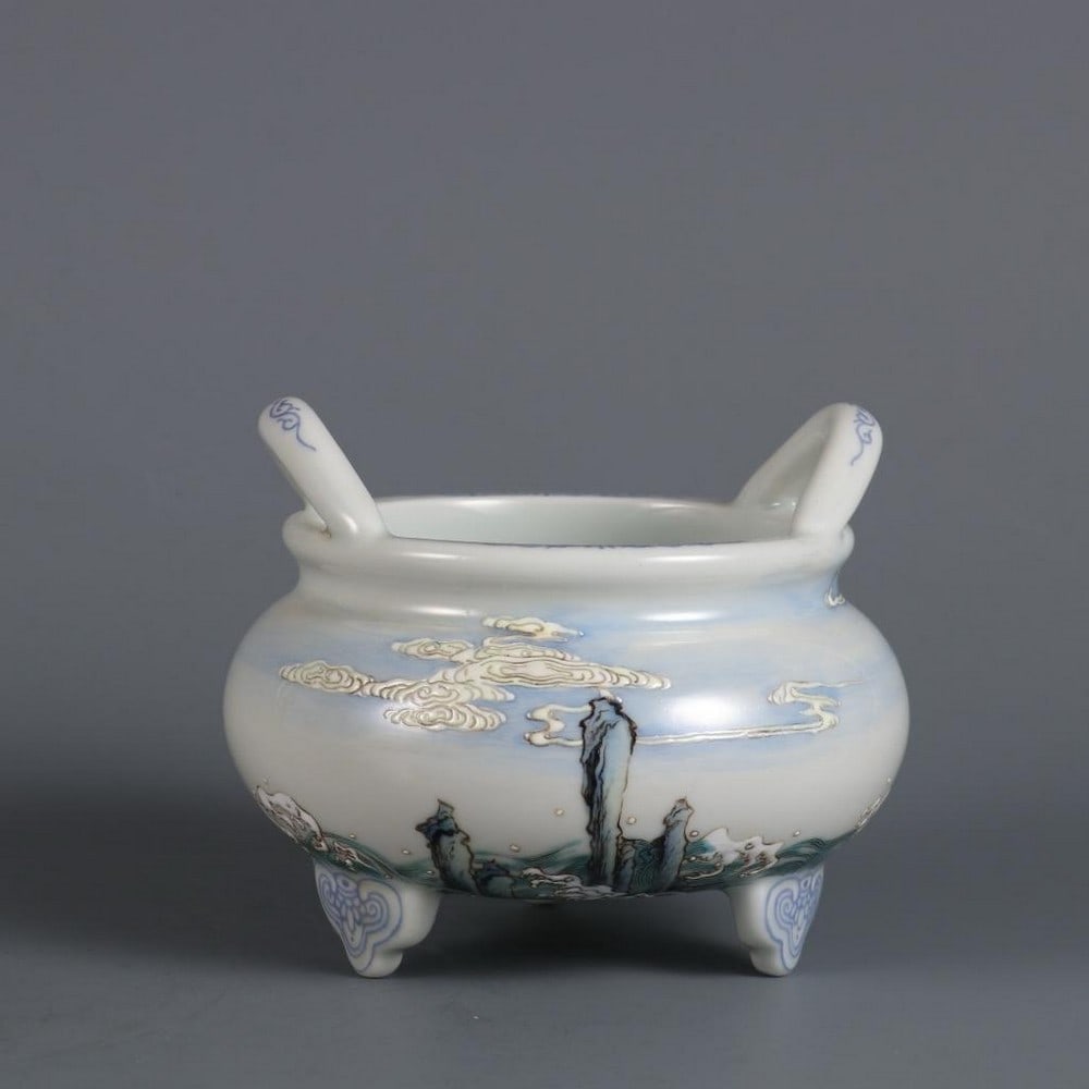 Famille Rose ''Sea House'' Incense Burner with Flying Crane Motif: Famille Rose ''Sea House'' Incense Burner with Flying Crane Motif An exquisite incense burner masterfully rendered in the famille rose palette and depicts a traditional sea house pavilion. This
