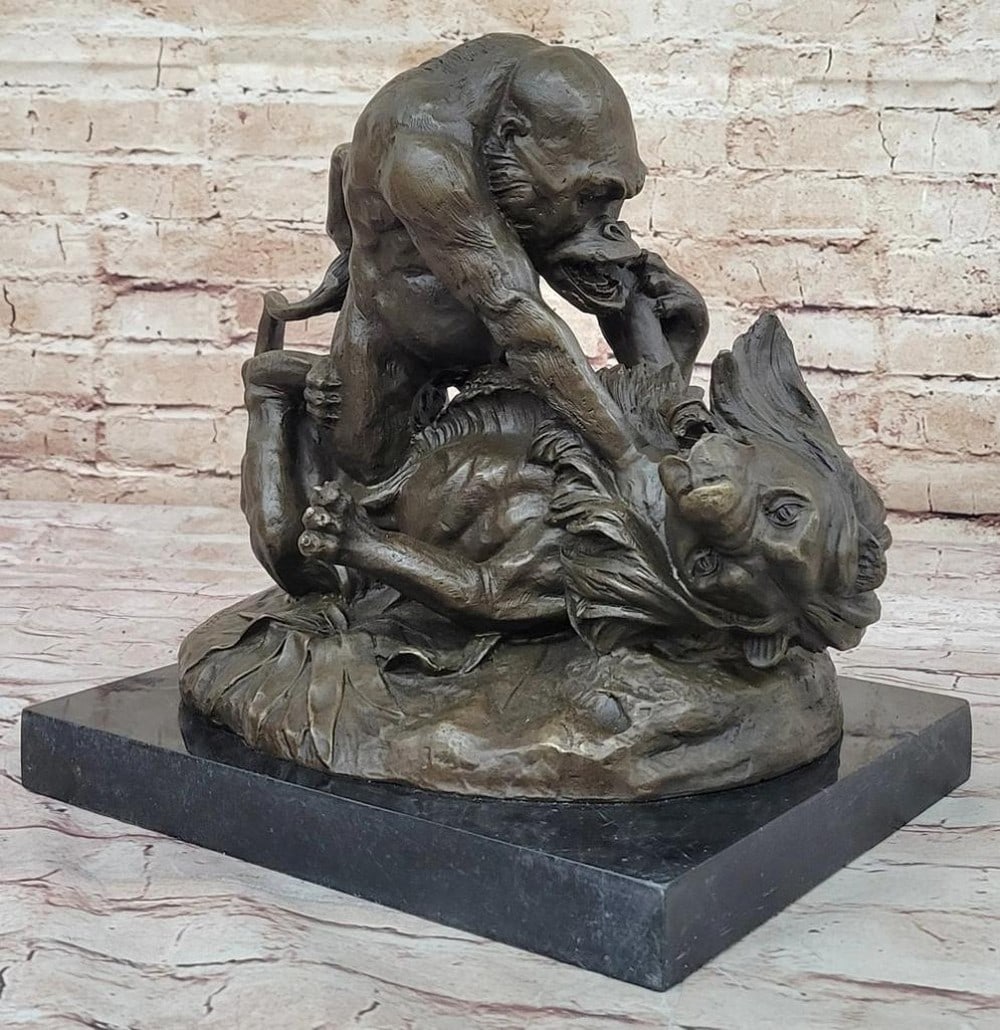 Gorilla vs Lion Battle Inspired Bronze Sculpture Signed by Clovis Edmond Masson - 12'' x 11'': Gorilla vs Lion Battle Inspired Bronze Sculpture Signed by Clovis Edmond Masson - 12" x 11" Witness the dramatic clash of titans with our Gorilla vs Lion Battle Bronze Sculpture, skillfully craf