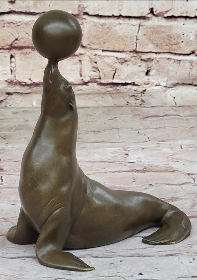 Young Seal Balancing Ball on Nose Bronze Statue - 7.5'' x 8''