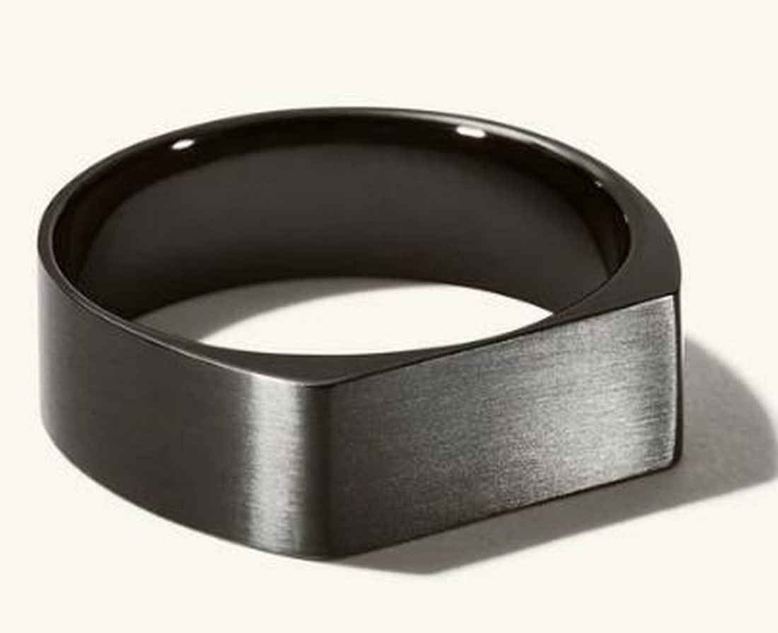 Obsidian Crest Ring Size 10: Obsidian Crest Ring Size 10. This ring is a modern take on the classic signet ring, featuring a sleek, slim rectangular design forged in bold black titanium. With its minimalist yet powerful