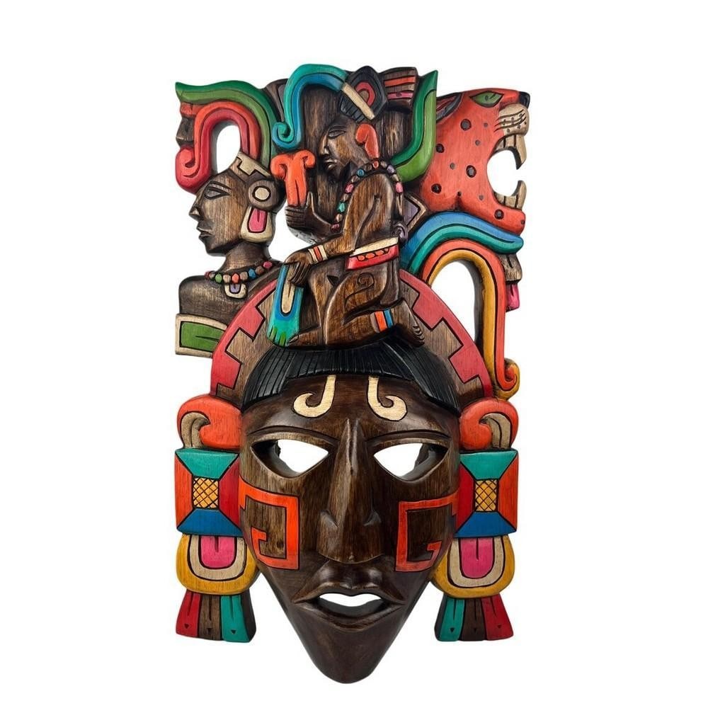 Aztec-Mayan Wooden Mask: Aztec-Mayan Wooden Mask This meticulously handcrafted mask blends the rich traditions of Aztec and Mayan cultures, showcasing the iconic elements of their ancient artistry. Carved from premium cedar w