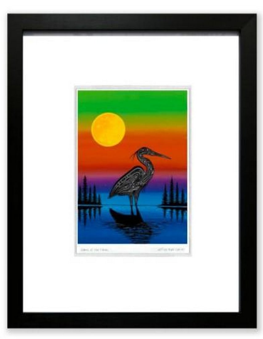 Dawn's Embrace Print: Dawns Embrace Print. In this peaceful piece, artist Red George Jeffrey depicts a crane standing gracefully amidst still waters, with the golden sun rising behind it at dawn. The crane symbolizes