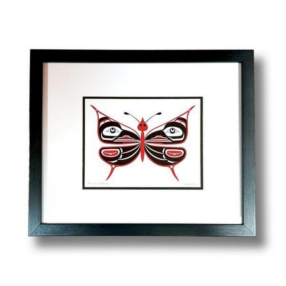 Butterfly and Raven Framed Print by Pauline Bull: Butterfly and Raven Framed Print by Pauline Bull Framed print Butterfly and Raven depicts the interplay of transformation and wisdom, inspired by West Coast Indigenous symbolism. Dimensions: 12" x