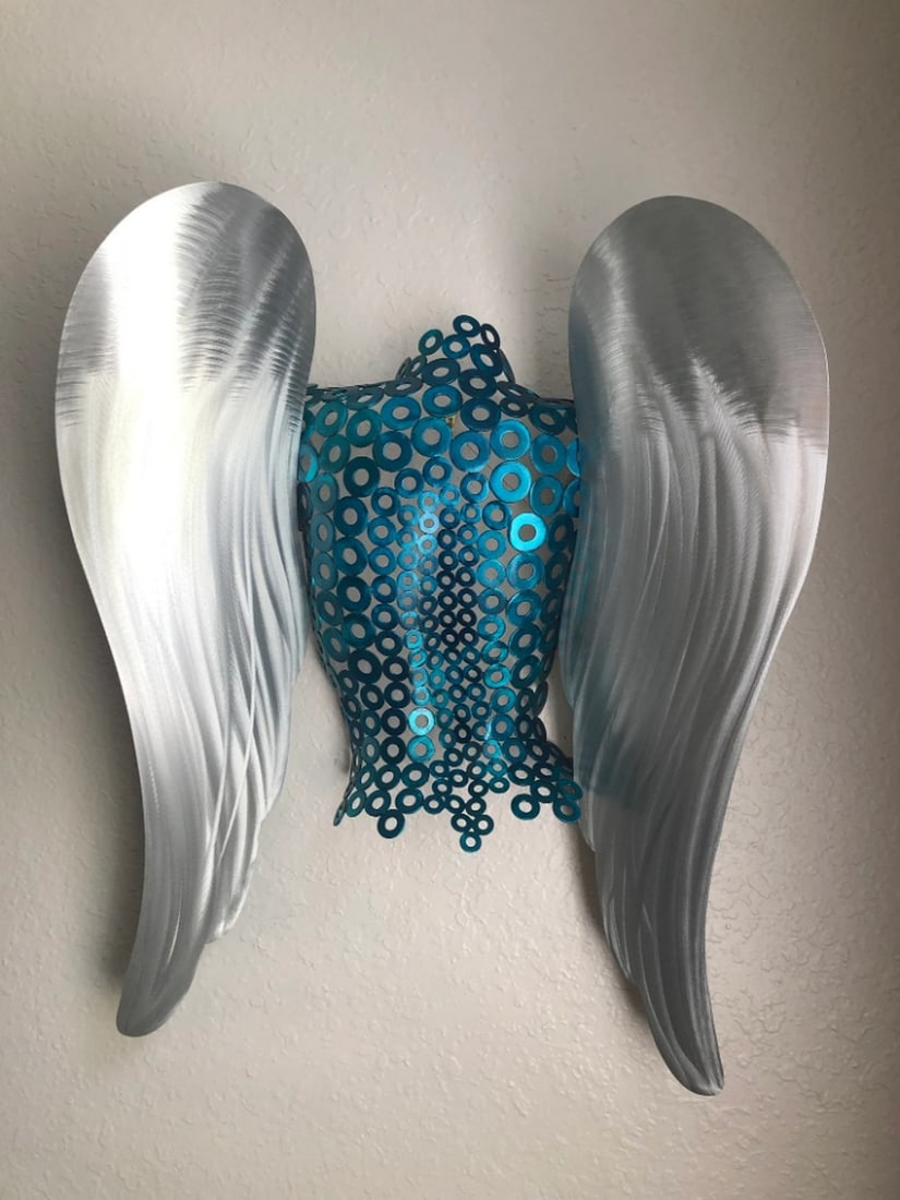 Teal Metal Angel Torso Sculpture: Teal Metal Angel Torso Sculpture This Handmade beautiful Teal Angel with silver wings was first formed and welded then it was ground and brushed and then a paint was applied and cured and then a clear