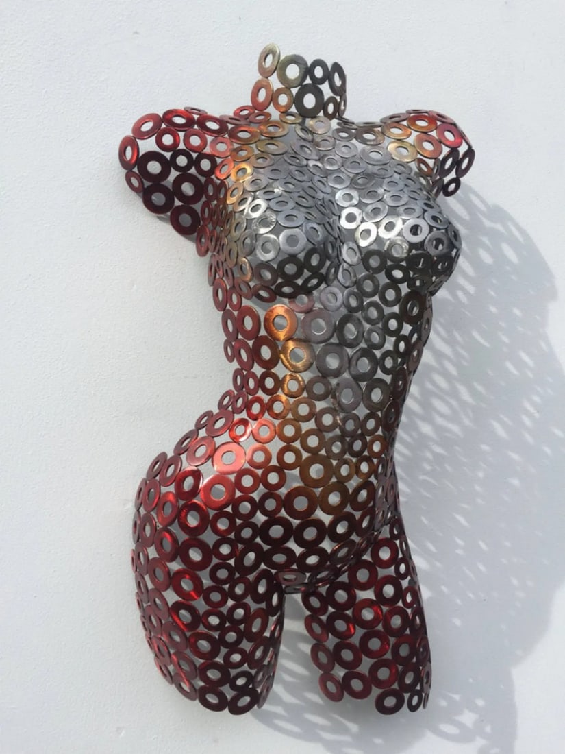 Midnight Red Metal Female Torso Sculpture: Midnight Red Metal Female Torso Sculpture Handcrafted, this striking female torso is a unique addition to any art collection. The work transcends metal, incorporating sculpture and painting to create 