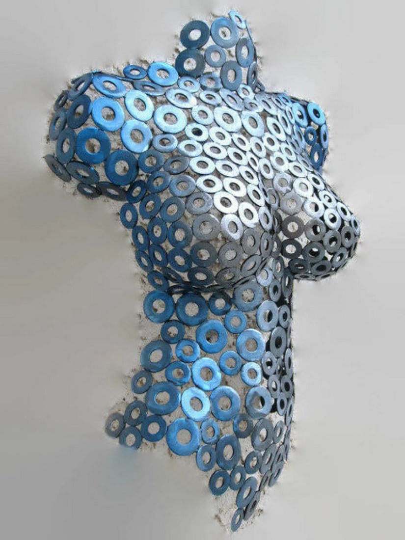 Slate Blue Female Torso Sculpture: Slate Blue Female Torso Sculpture This striking female torso sculpture, hand-formed and welded, is a unique statement piece for any art collection. Blending metalwork with sculptural form, it exudes