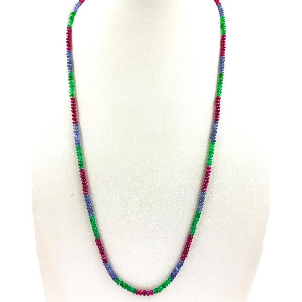 Emerald, Sapphire, & Ruby Stone String Necklace: Emerald, Sapphire, & Ruby Stone String Necklace Gemstone Diameter: 3mm - 3.5mm Length of Necklace: 47cm Weight in Carats: 43 View Photos For Further Details.