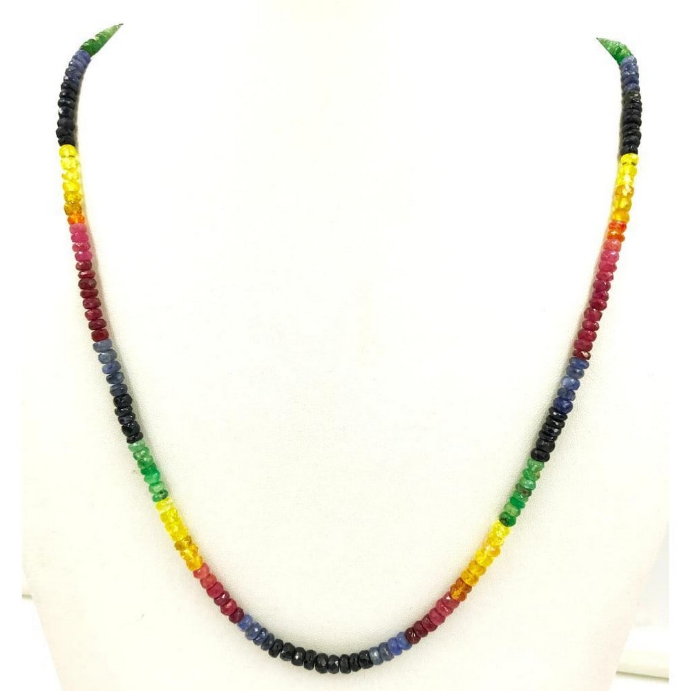 Multi Color Sapphire Faceted String Bead Necklace: Multi Color Sapphire Faceted String Bead Necklace Gemstone Diameter: 3.6 to 5.1 mm Length of necklace: 45 cms View Photos For Further Details.
