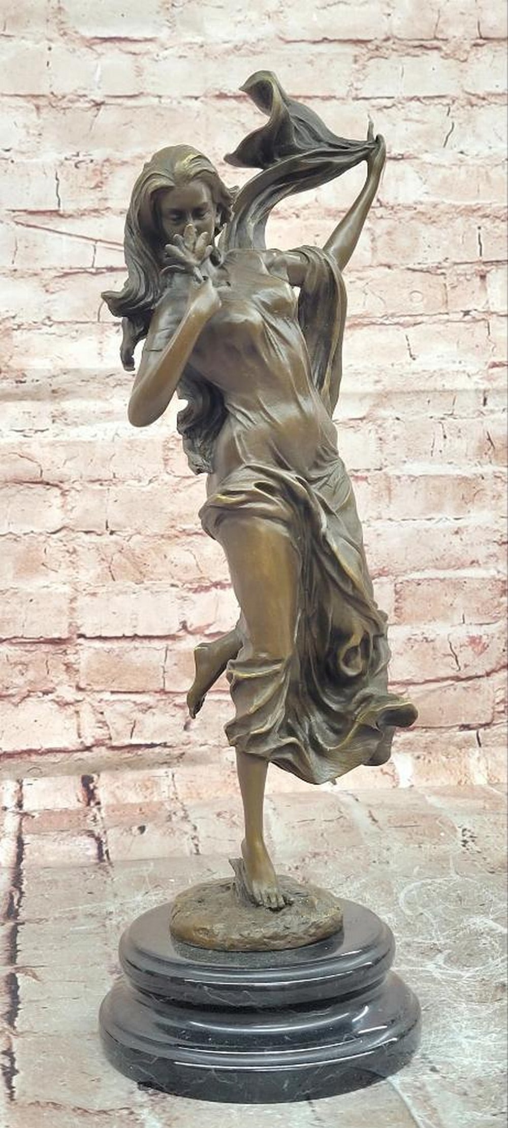 Art Deco Floral Woman Bronze Sculpture by Mario Nick - 16.5'' x 9'': Art Deco Floral Woman Bronze Sculpture by Mario Nick - 16.5" x 9" Introducing an Elegant Bronze Sculpture: This depiction of a graceful woman adorned with floral elements is meticulously handcra