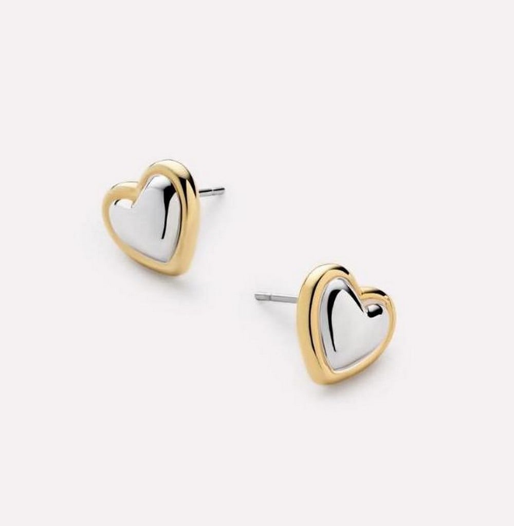 14K Gold & Rhodium-Plated Heart Stud Earrings: 14K Gold & Rhodium-Plated Heart Stud Earrings These stud earrings feature 14k gold and rhodium plating with a heart-shaped design and raised center detailing. The mixed metal finish creates a modern, 