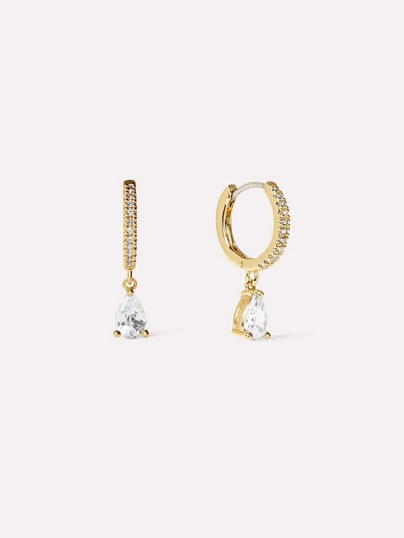 Rhodium-Plated Sparkle Inlay Hoop Earrings: Gold-Dipped Teardrop Huggie Hoop Earrings These earrings blend classic huggie styling with a soft teardrop-inspired shape, finished with sparkling cubic zirconia detailing for a subtle yet elegant shi