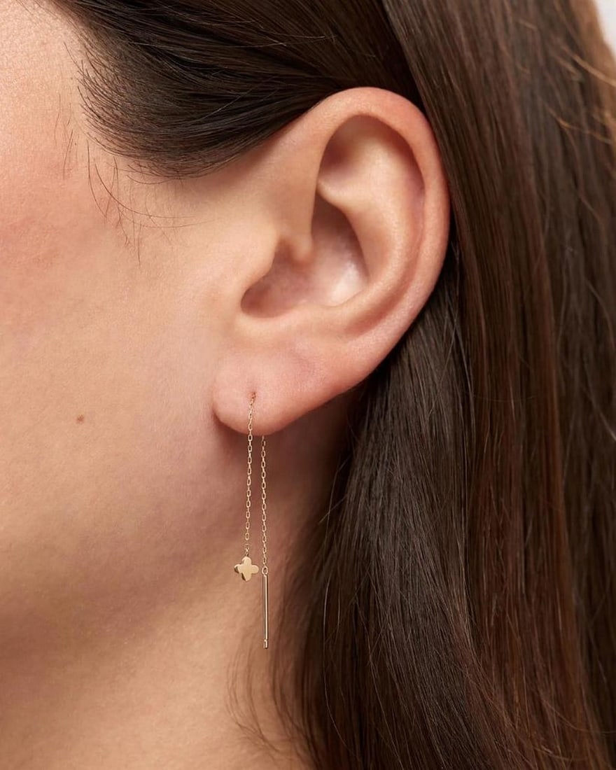 10K Solid Gold Flower Threader Earrings - 2