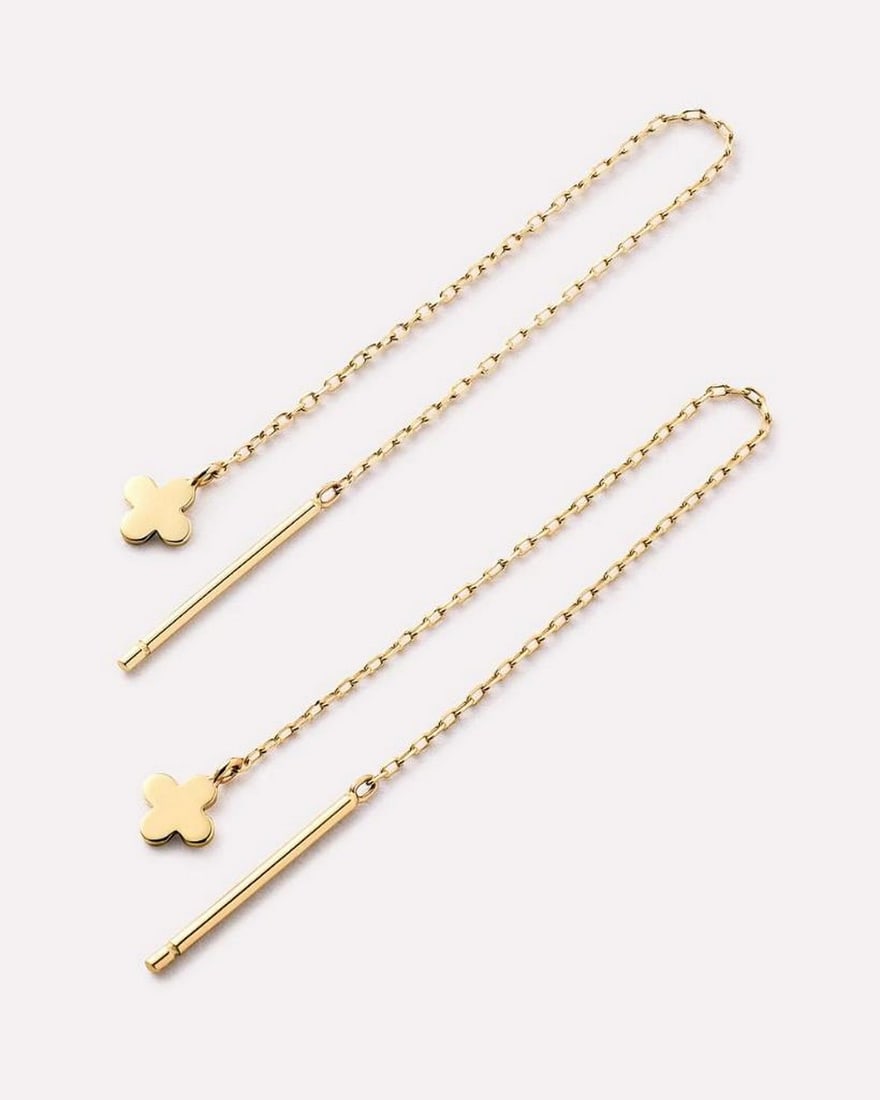 10K Solid Gold Flower Threader Earrings - 3