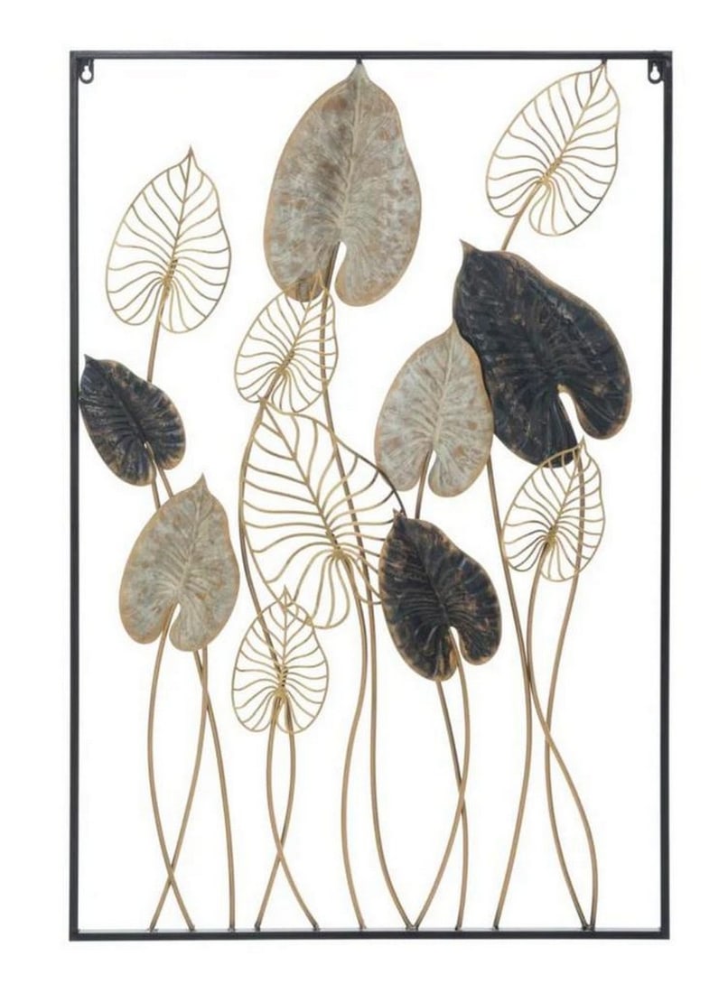 Metal Wall Decor with Square Frame Featuring Elegant Leaf Art: Metal Wall Decor with Square Frame Featuring Elegant Leaf Art Embrace the trend of 3D wall panels with this metal rectangular panel adorned with leaves. Geometric patterns, flowers, and animals create