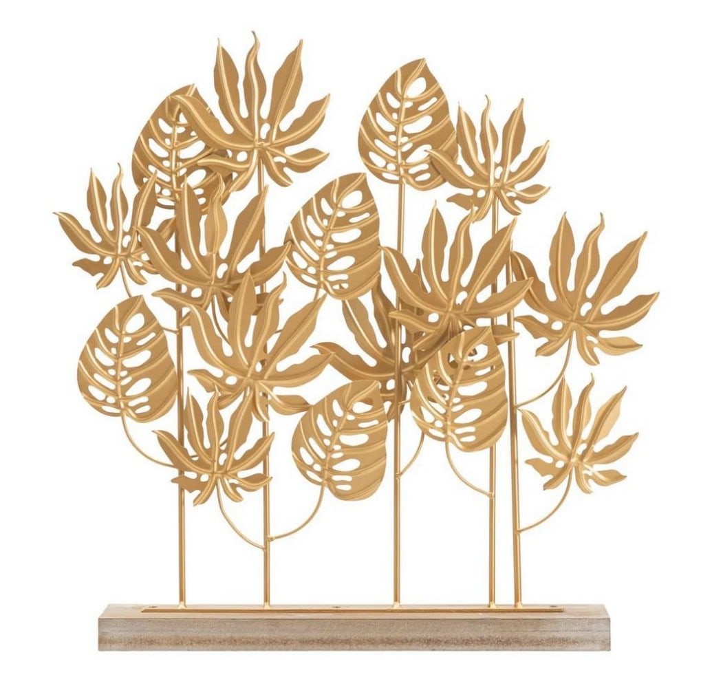 Gold Leaf Bouquet Decoration (Modern Sculpture): Gold Leaf Bouquet Decoration (Modern Sculpture) Elegant wall decoration featuring golden metal leaves arranged in a bouquet shape. Crafted with iron and MDF, this piece adds a refined and exotic touch