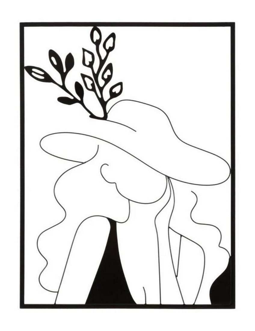 Modern Black Metal Wall Decor of a Woman with Hat: Modern Black Metal Wall Decor of a Woman with Hat This panel showcases a simple yet elegant design of a woman in a hat, all beautifully framed in a rectangular shape. Discover Mauro Ferretti, the