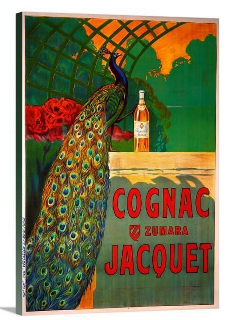 Cognac Jacquet Vintage Poster Stretched Canvas Print: Cognac Jacquet Vintage Poster Stretched Canvas Print Add a touch of vintage charm to your space with this stretched canvas print of the classic Cognac Jacquet poster. Featuring a vibrant peacock and e