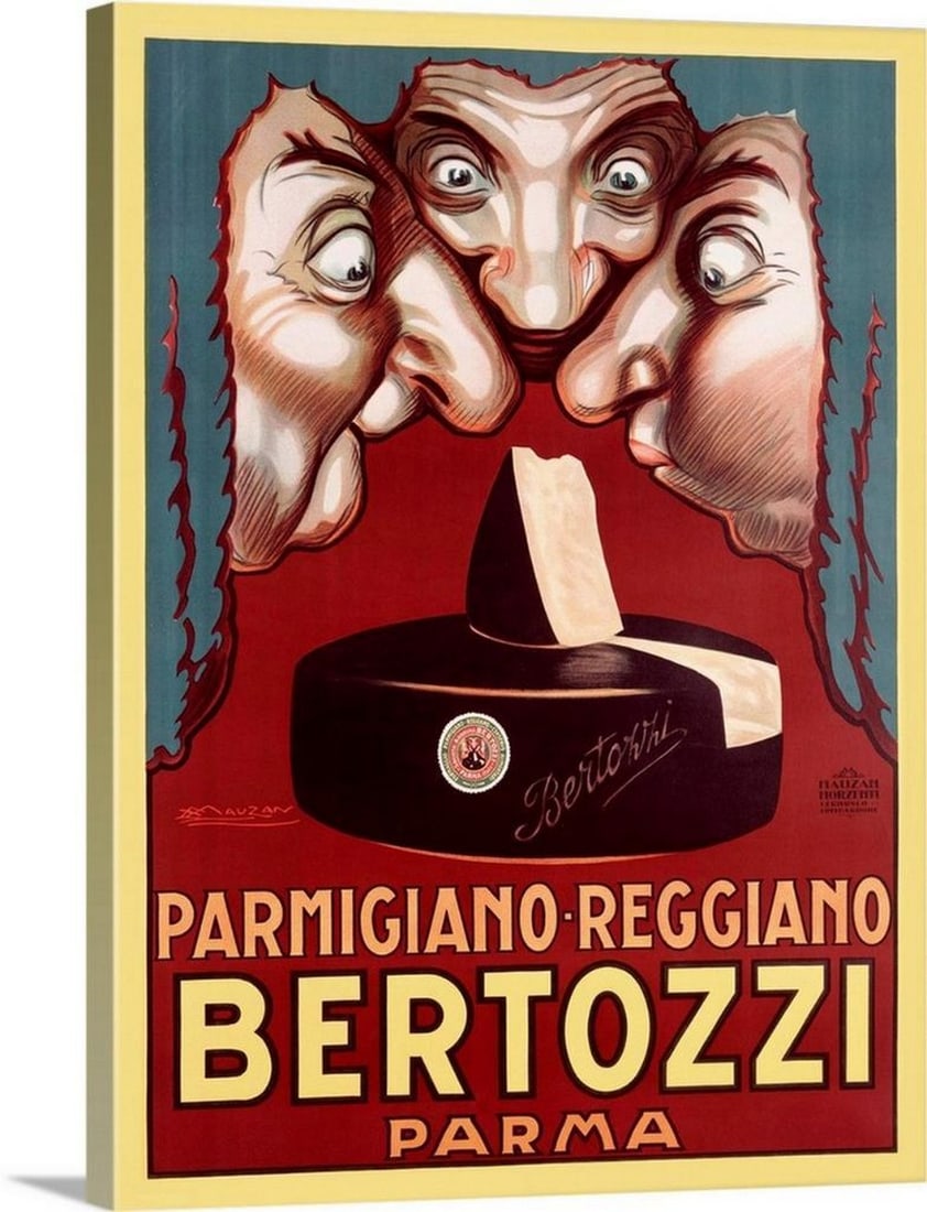 Bertozzi Parmagian Cheese Vintage Canvas Print: Bertozzi Parmagian Cheese Vintage Canvas Print This vintage advertising poster showcases Bertozzi Parmagian Cheese in a charming and nostalgic design, capturing the essence of early 20th-century food 