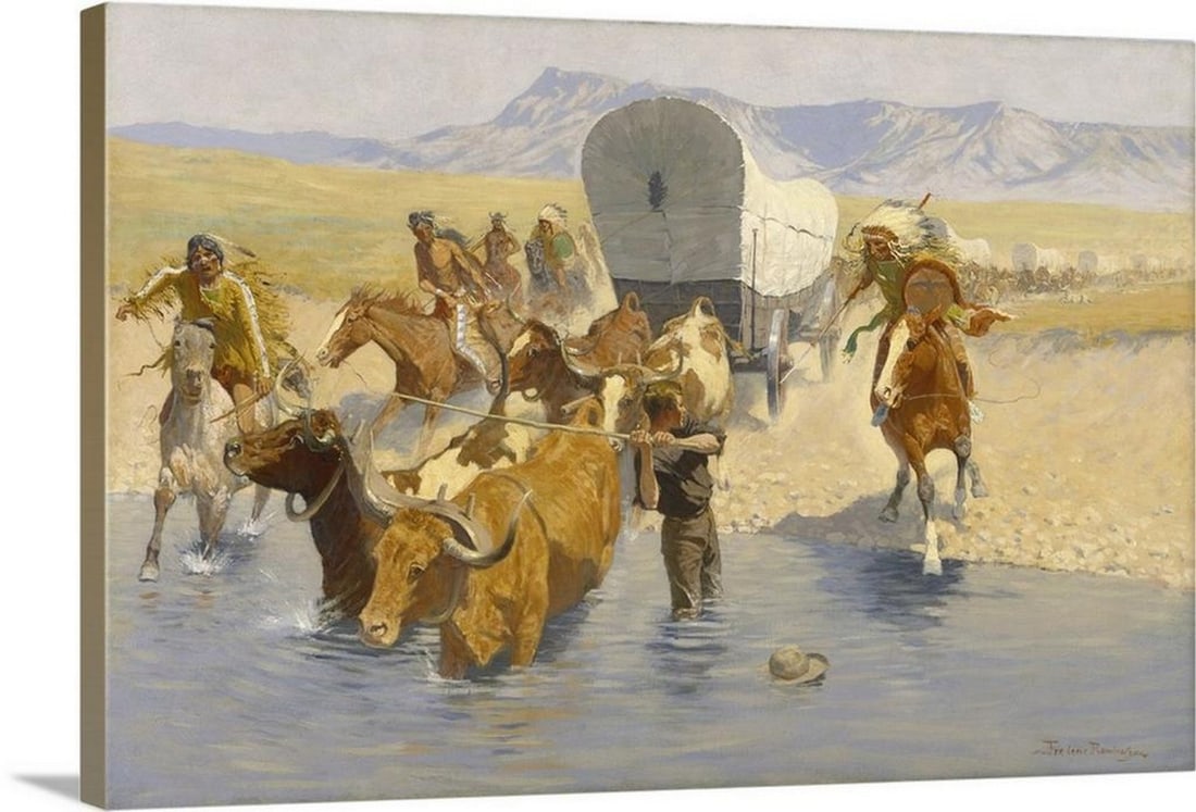 Frederic Remington's The Emigrants (1904) Canvas Reproduction: Frederic Remington's The Emigrants (1904) Canvas Reproduction The Emigrants (1904), originally rendered in oil on canvas, is a poignant depiction of westward migration by Frederic Remington. Though a 