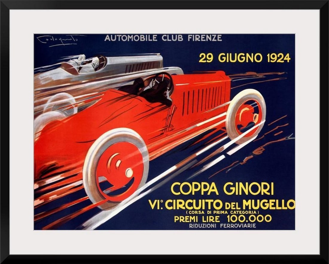 Framed Print Coppa Ginori, Automobile Race Vintage Poster Wall Art: Framed Print Coppa Ginori, Automobile Race Vintage Poster Wall Art A framed print of the Coppa Ginori automobile race vintage poster, celebrating the thrill and speed of early 20th-century